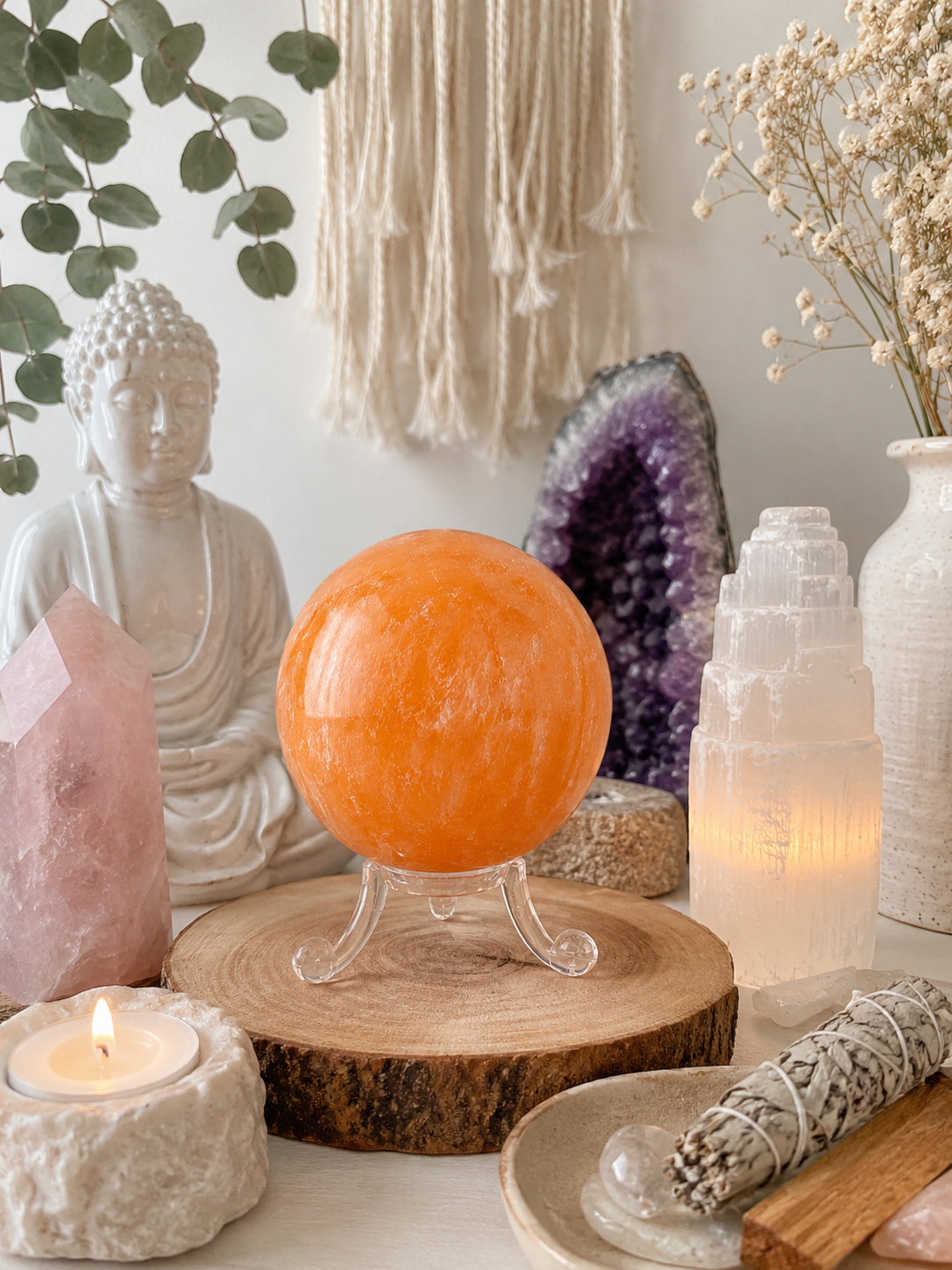 Altar de cristales con esfera de selenita naranja grande