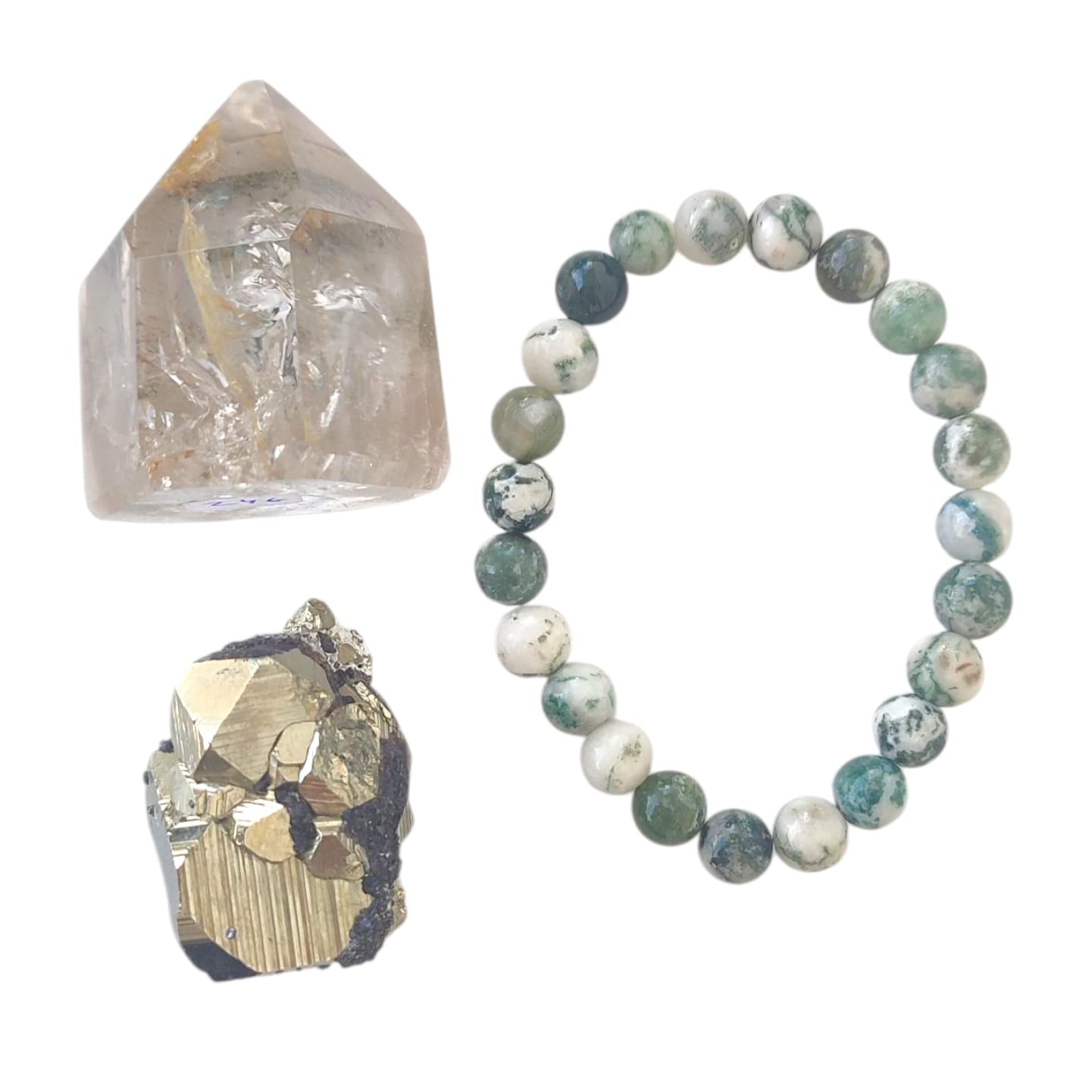 Kit Minerales - Punta de Cuarzo Ahumado, Pirita y Pulsera Ágata Árbol