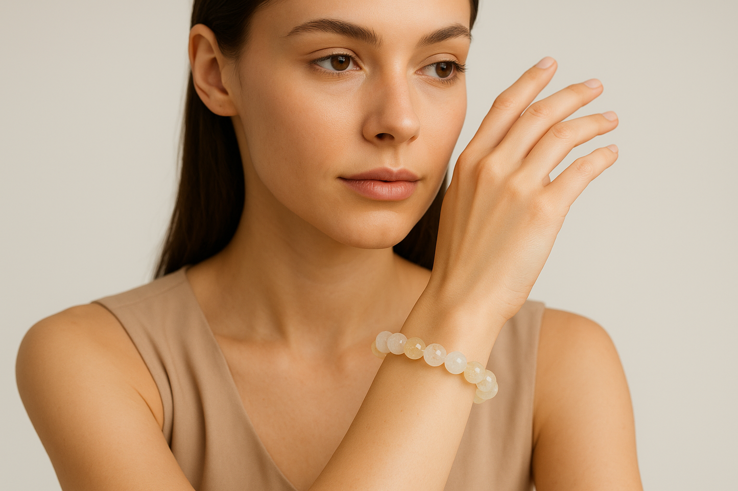 Mujer modelo lleva pulsera de Cuarzo Fantasma Dorado auténtico, joya energética para sanar bloqueos emocionales