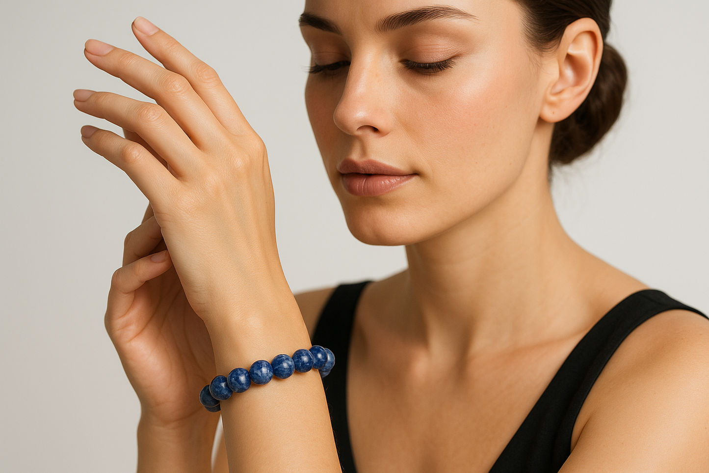 Mujer lleva pulsera de sodalita 8mm en cuentas redondas de piedra natural