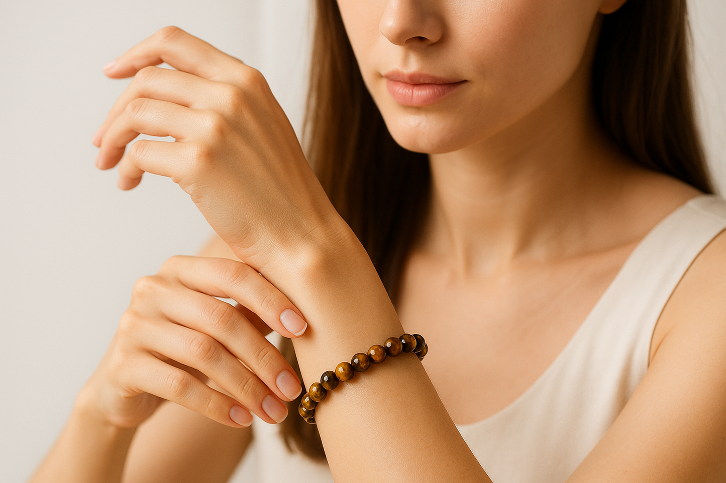 Modelo mujer lleva pulsera de ojo de tigre de cuentas de 6mm