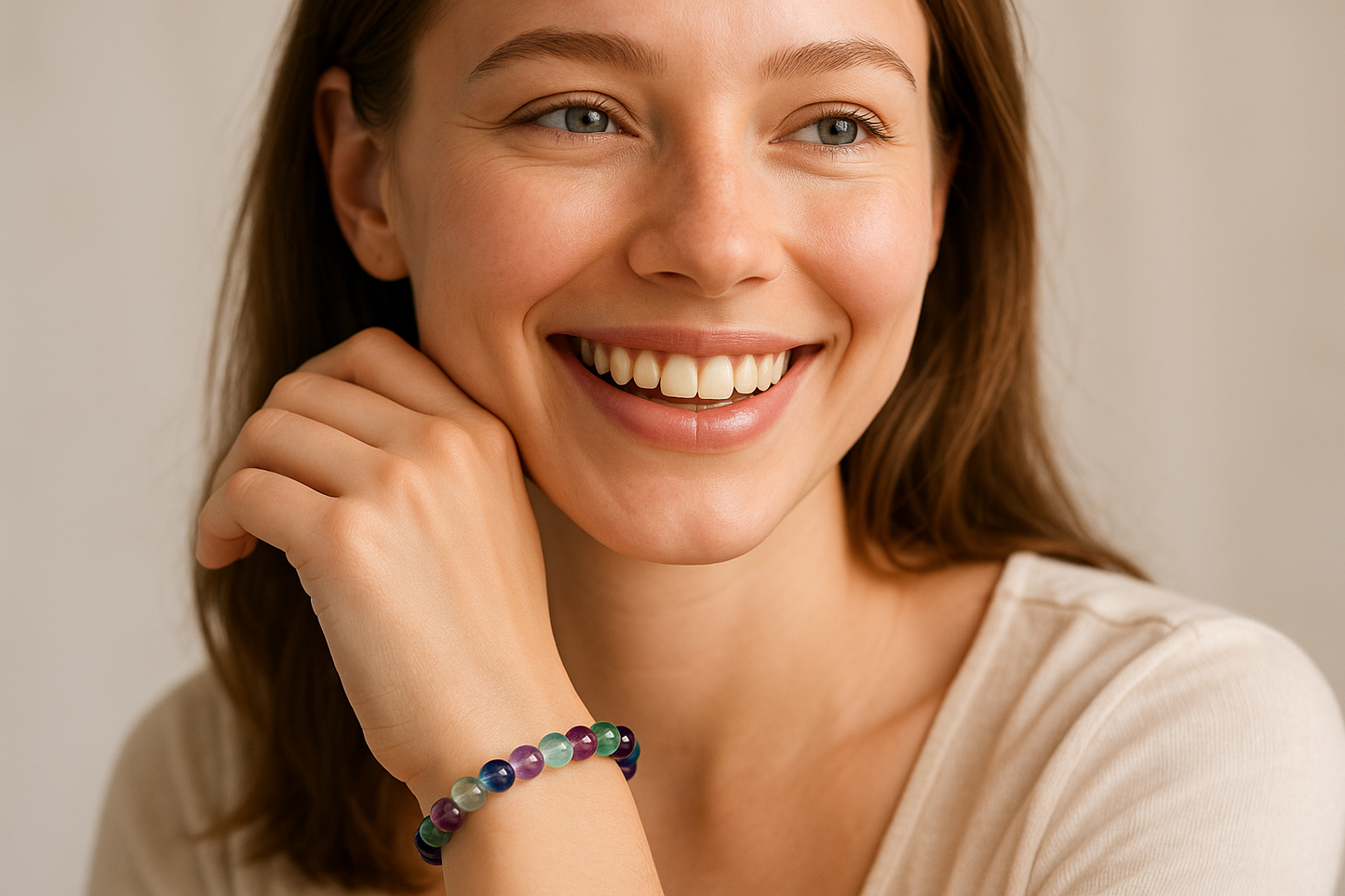 Modelo lleva pulsera de fluorita multicolor de 6mm de piedras naturales de fluorita