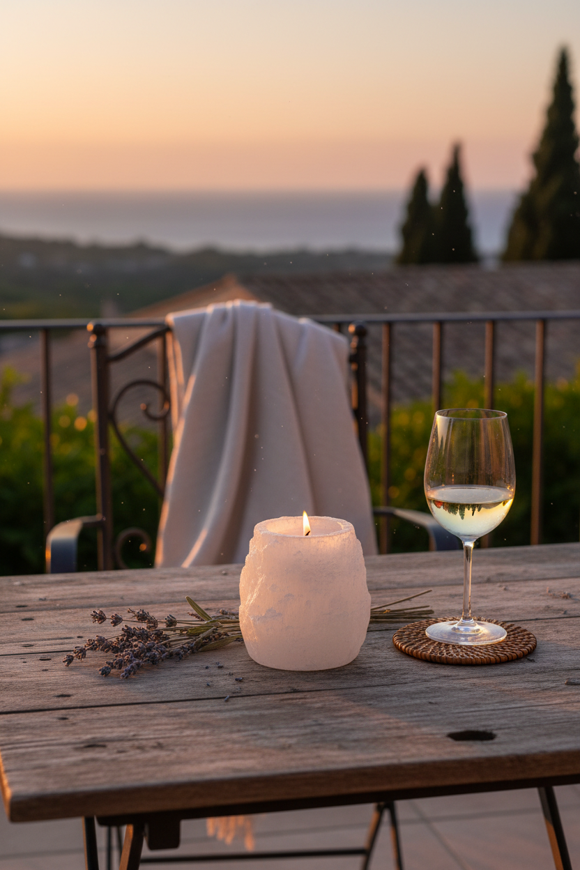 Portavelas selenita blanca en terraza mediterránea al atardecer con lavanda