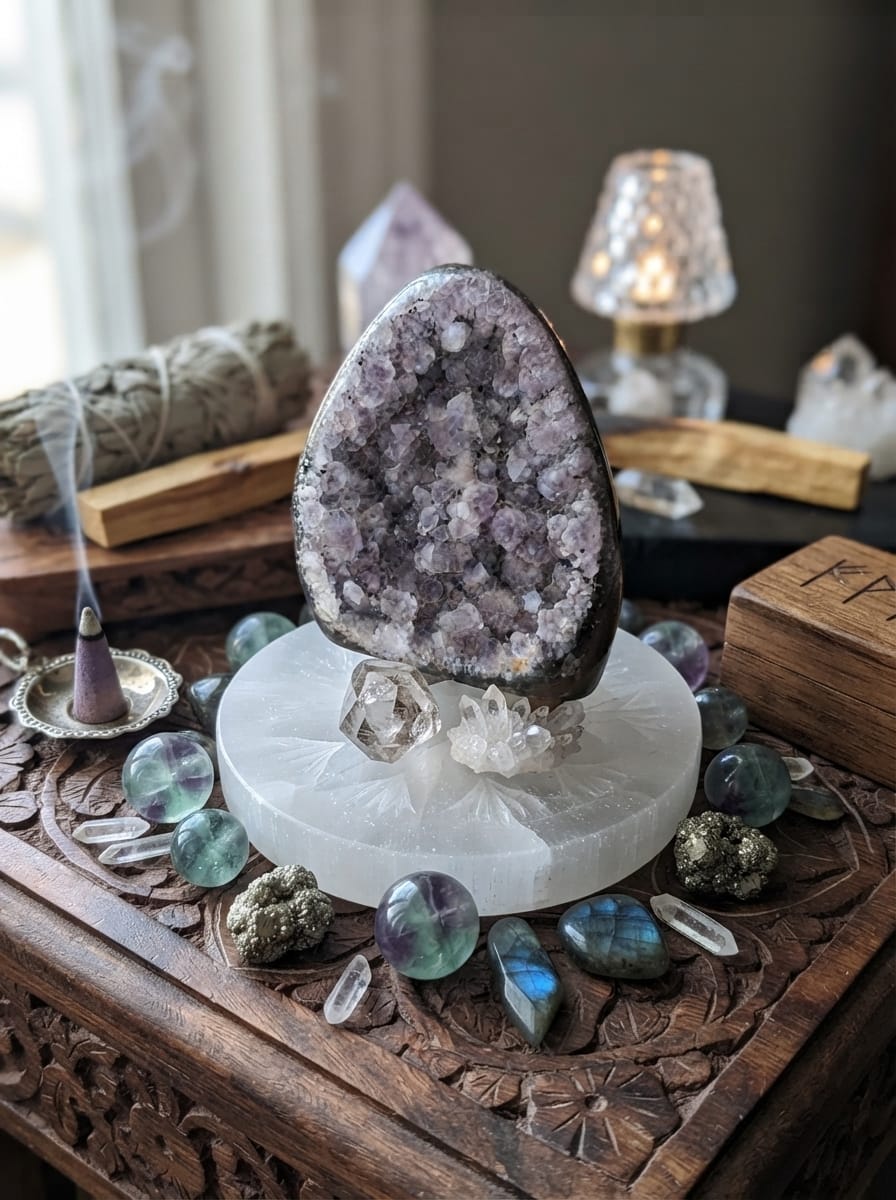 Drusa de amatista en altar de cristales sobre placa de selenita blanca