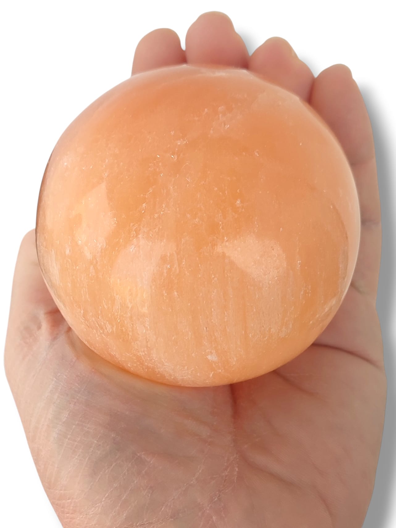 Detalle esfera de selenita naranja grande mineral natural