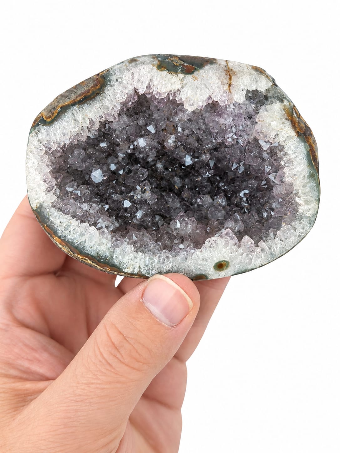 Geoda de amatista con ágata musgosa y cuarzo