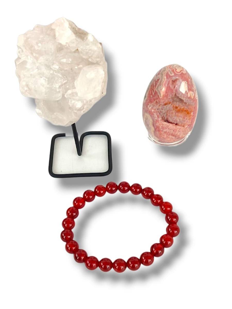 Kit Minerales - Drusa Cuarzo, Huevo Rodocrosita, Pulsera cornalina 8mm