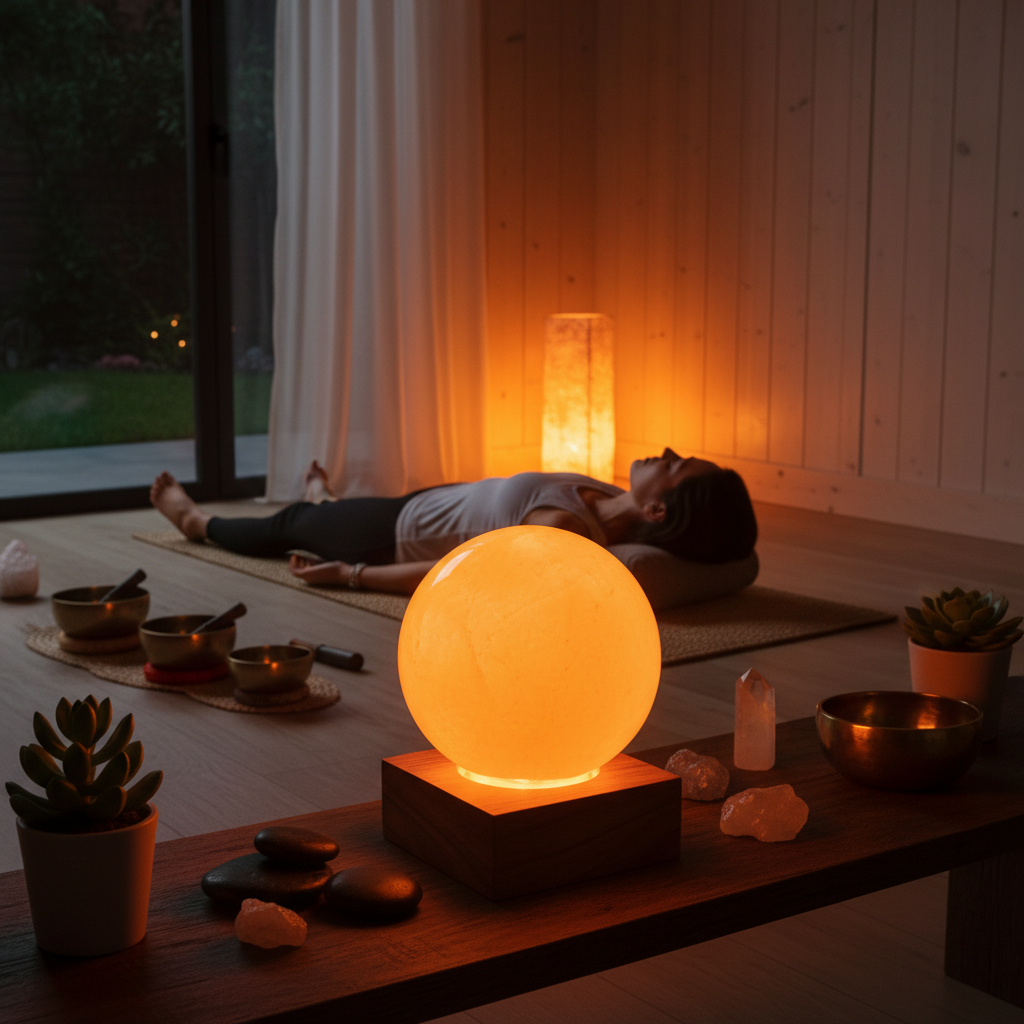 Lampara de selenita naranja sobre base LED de madera en sala de yoga