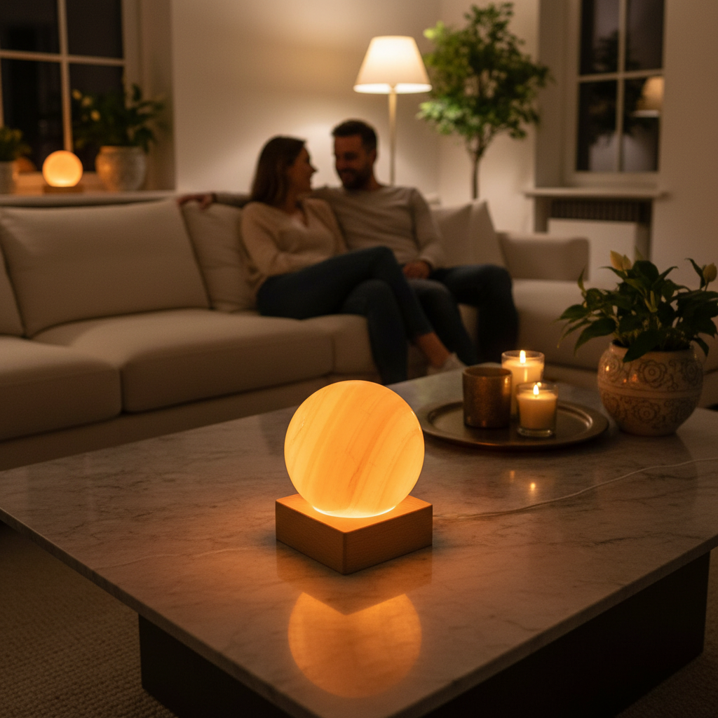 Lampara de selenita naranja sobre base LED de madera en sala de estar con pareja en sofa y velas