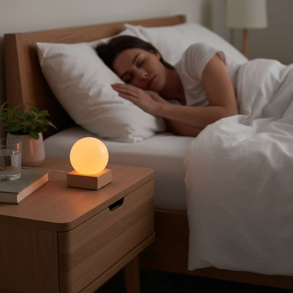 Lampara de selenita naranja sobre base LED de madera en habitacion y mujer durmiendo
