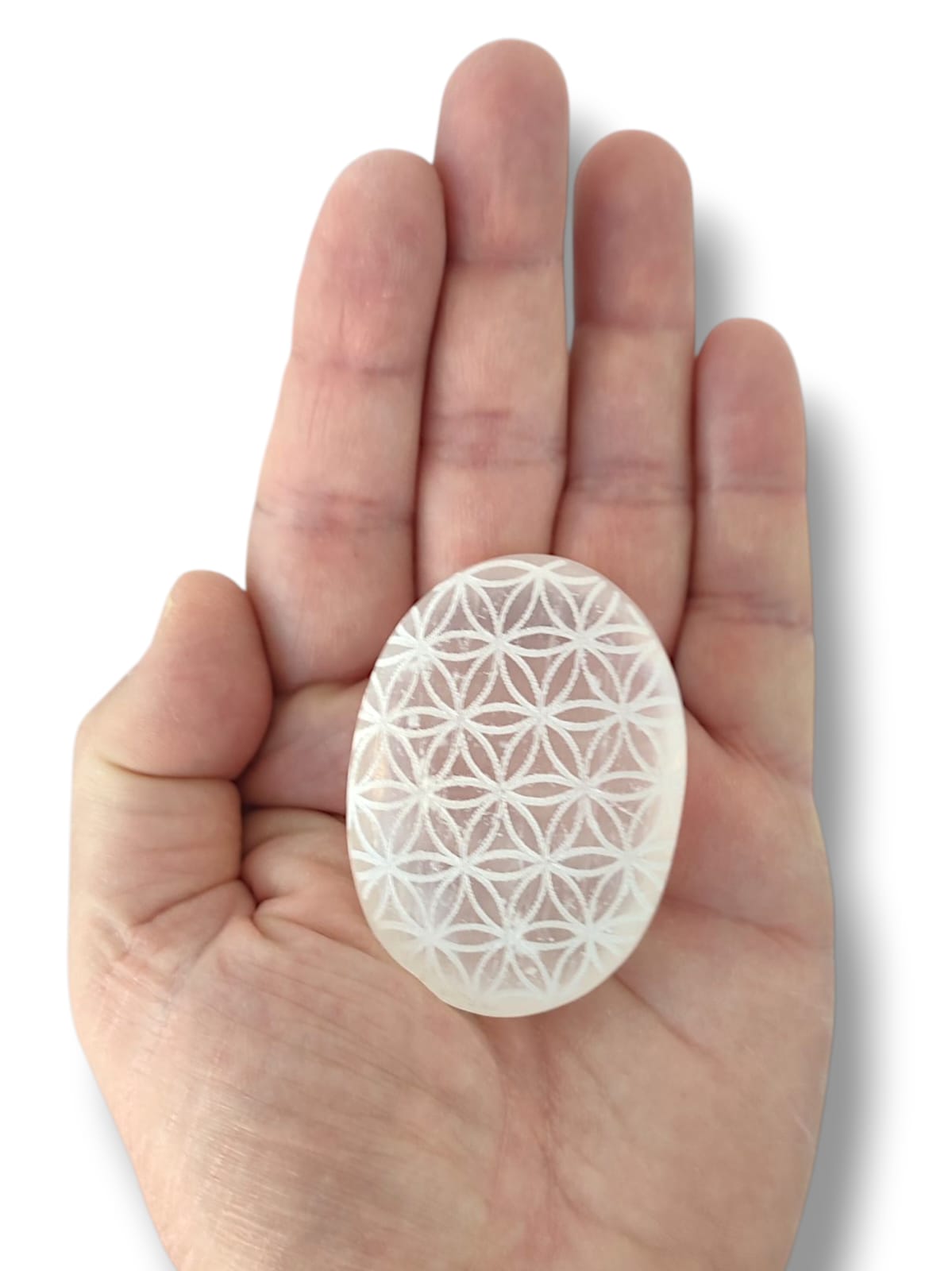 Palmstone de selenita natural con mandala para meditación y rituales