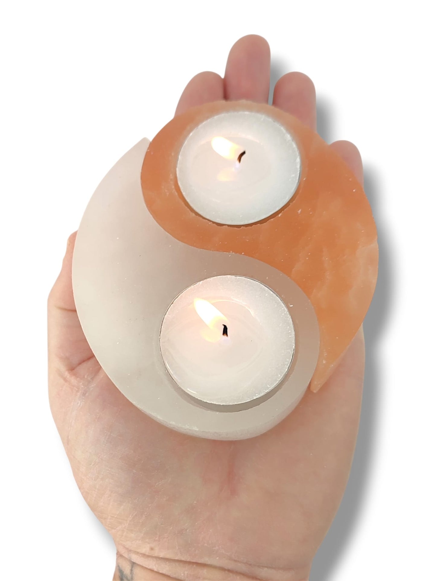 Portavelas de selenita Yin Yang para meditación y limpieza energética del hogar