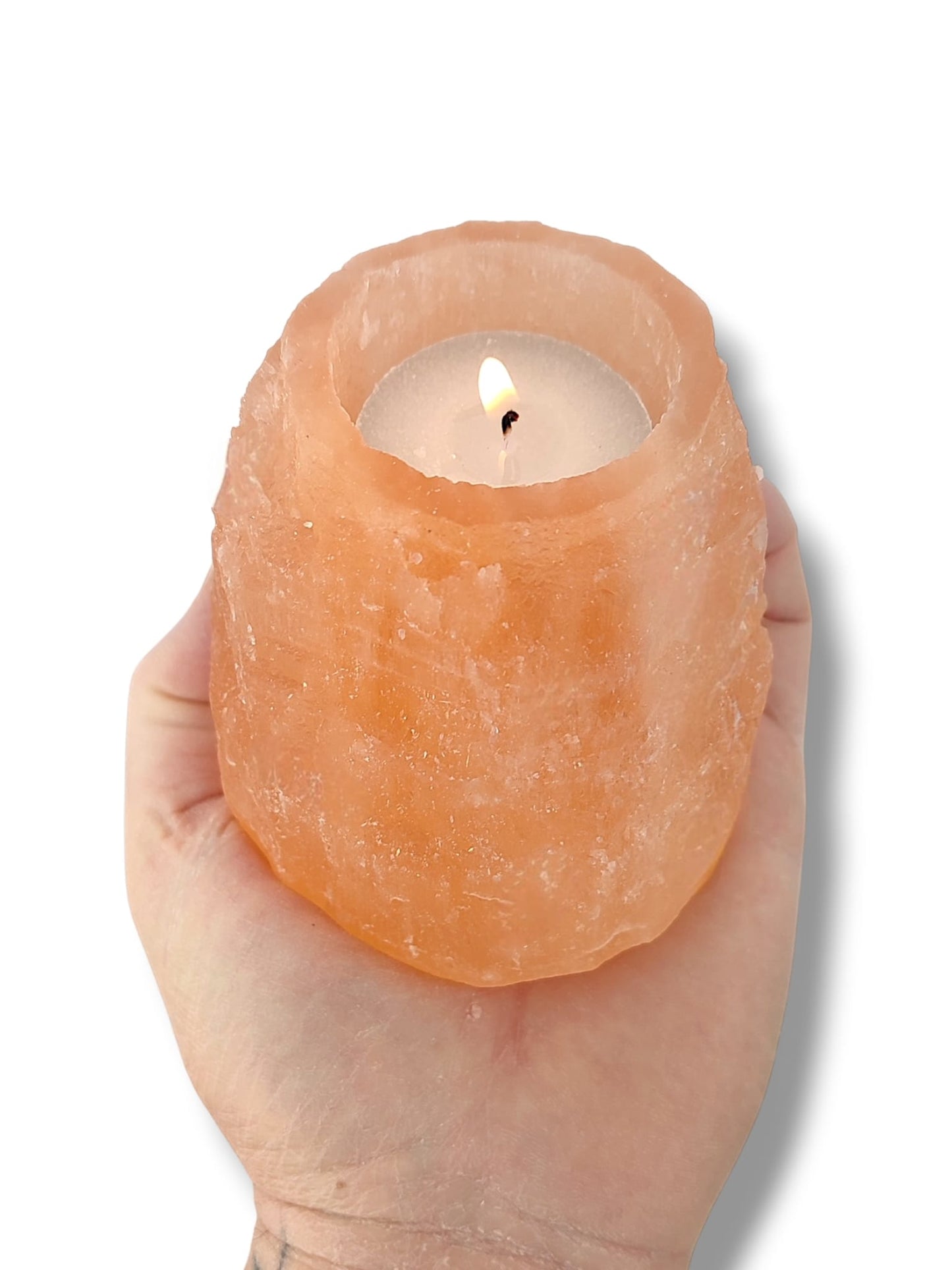 Portavelas de selenita naranja piedra natural pulida iluminación ambiental