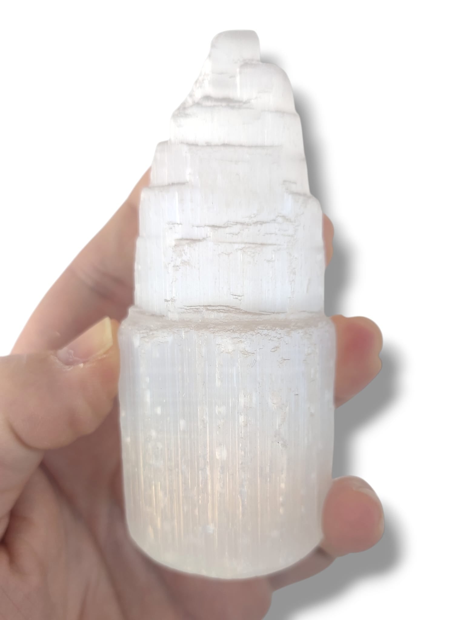 Selenita blanca en forma de torre para Reiki y terapias holísticas