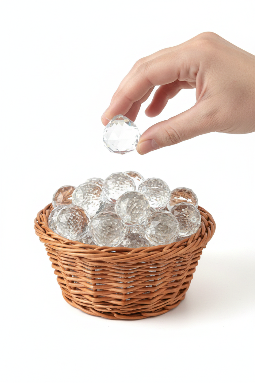 Bolas feng shui cristal en cestito de mimbre con esfera sostenida
