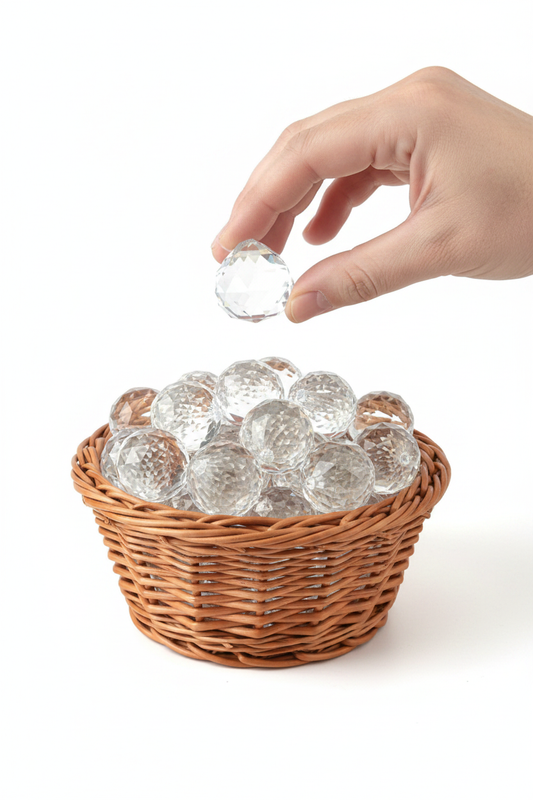 Bolas feng shui cristal en cestito de mimbre con esfera sostenida