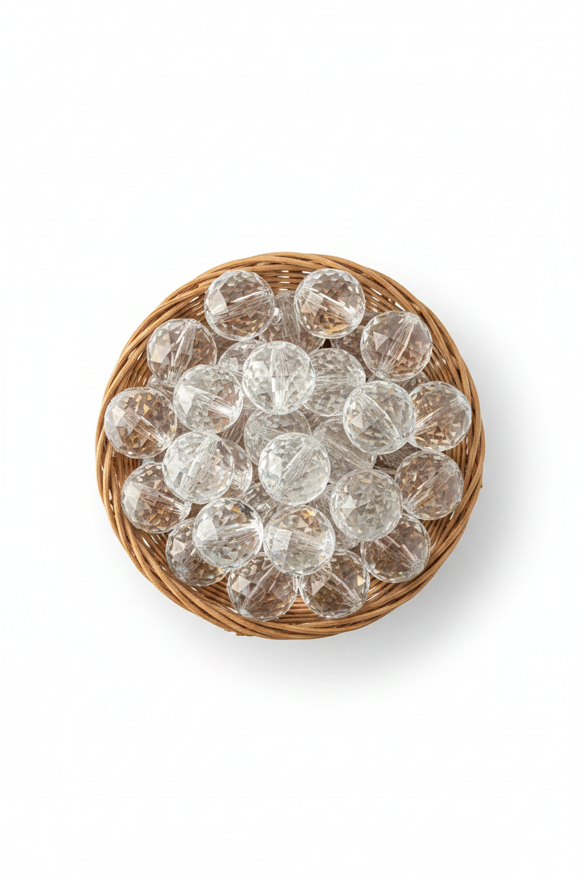 Bolas feng shui cristal en cestito de mimbre flat lay