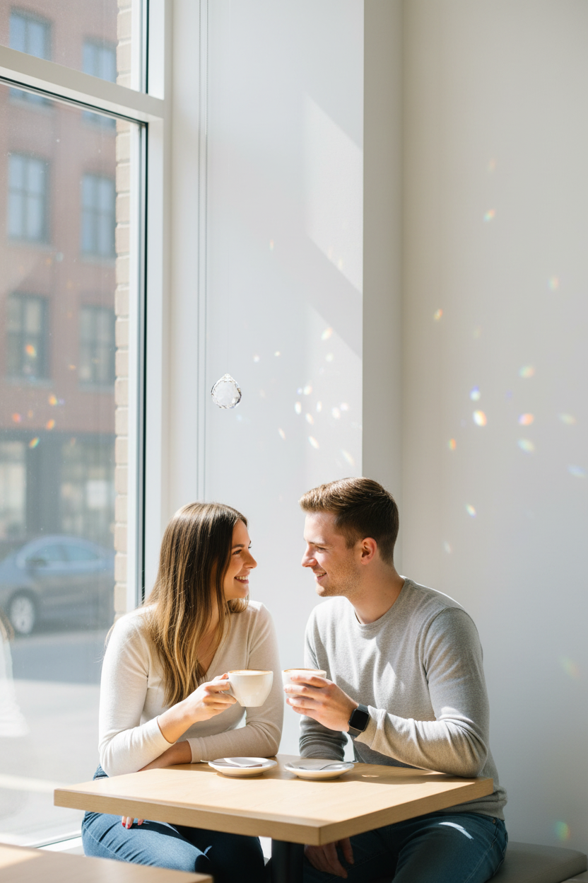 Café minimalista con pareja joven y pequeña bola feng shui arcoíris en ventana
