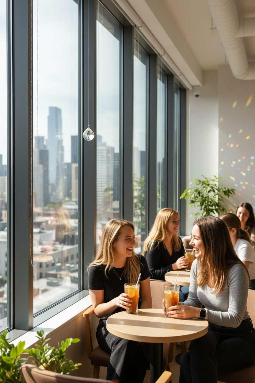 Café rooftop moderno con dos amigas jóvenes y bola feng shui arcoíris en ventana