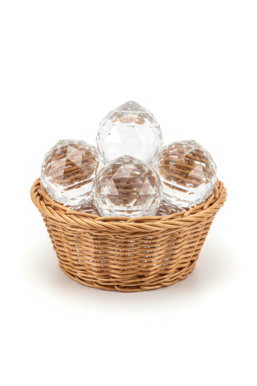 Cesto redondo de mimbre con bolones de cristal feng shui sobre fondo blanco