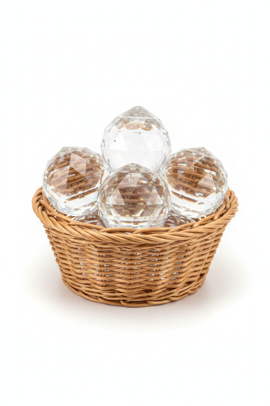 Cesto redondo de mimbre con bolones de cristal feng shui sobre fondo blanco