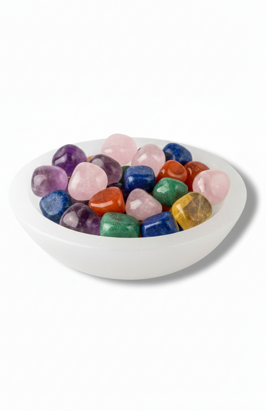 Cuenco de selenita 10cm con rodados coloridos de minerales
