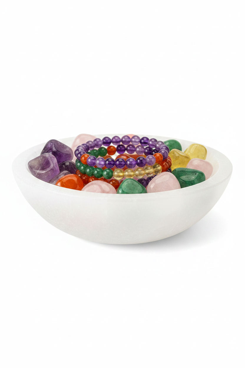 Cuenco de selenita grande liso con rodados coloridos y pulseras de minerales 