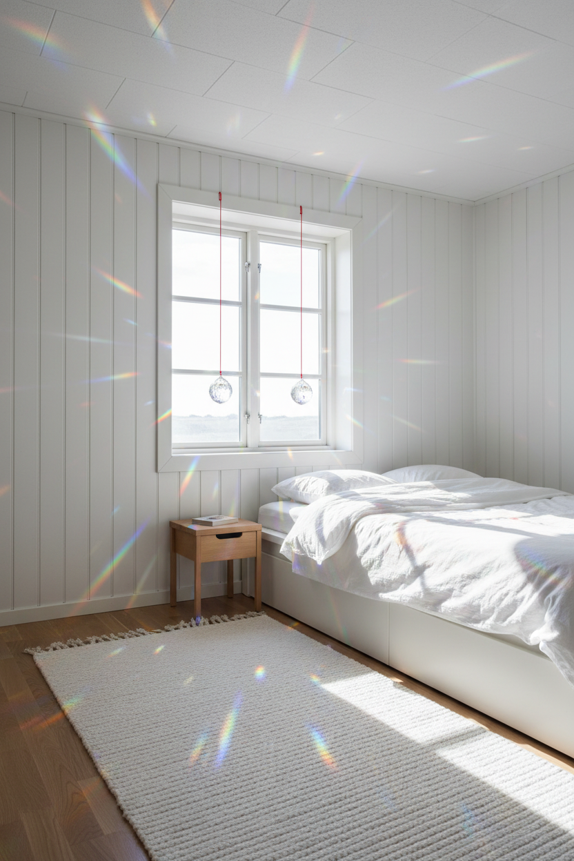 Dos esferas feng shui cristal hilo rojo ventana dormitorio escandinavo arcoíris intensos en paredes
