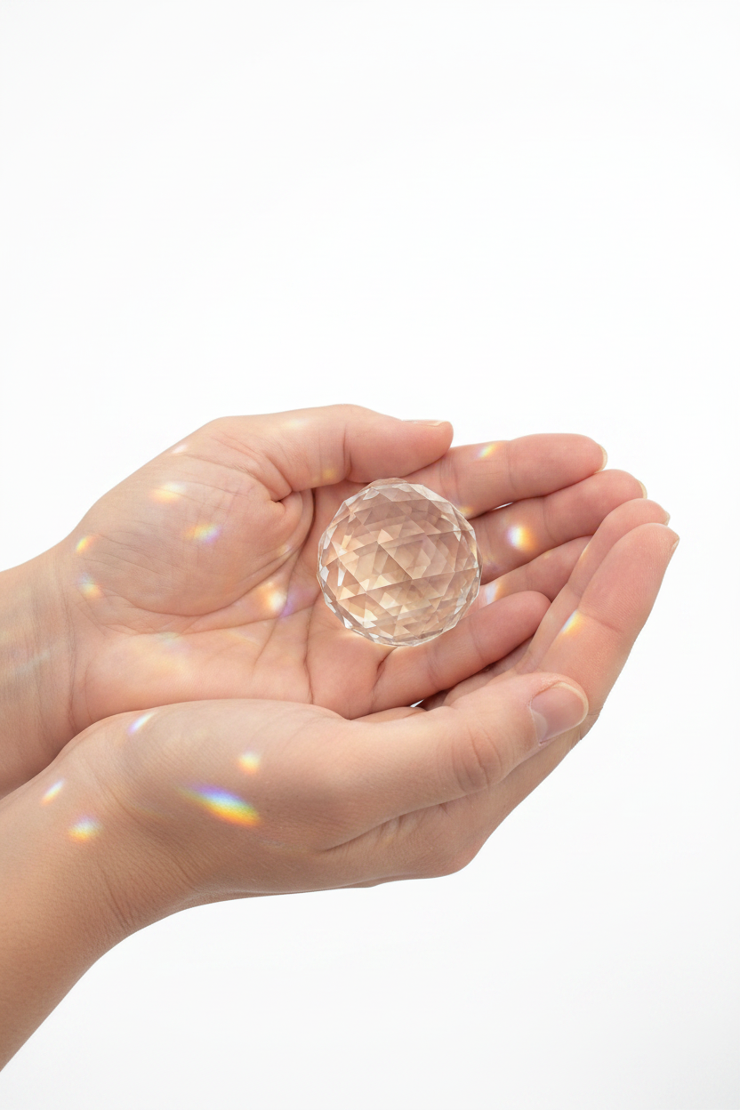 Dos manos de mujer acunando bola feng shui de cristal sobre fondo blanco