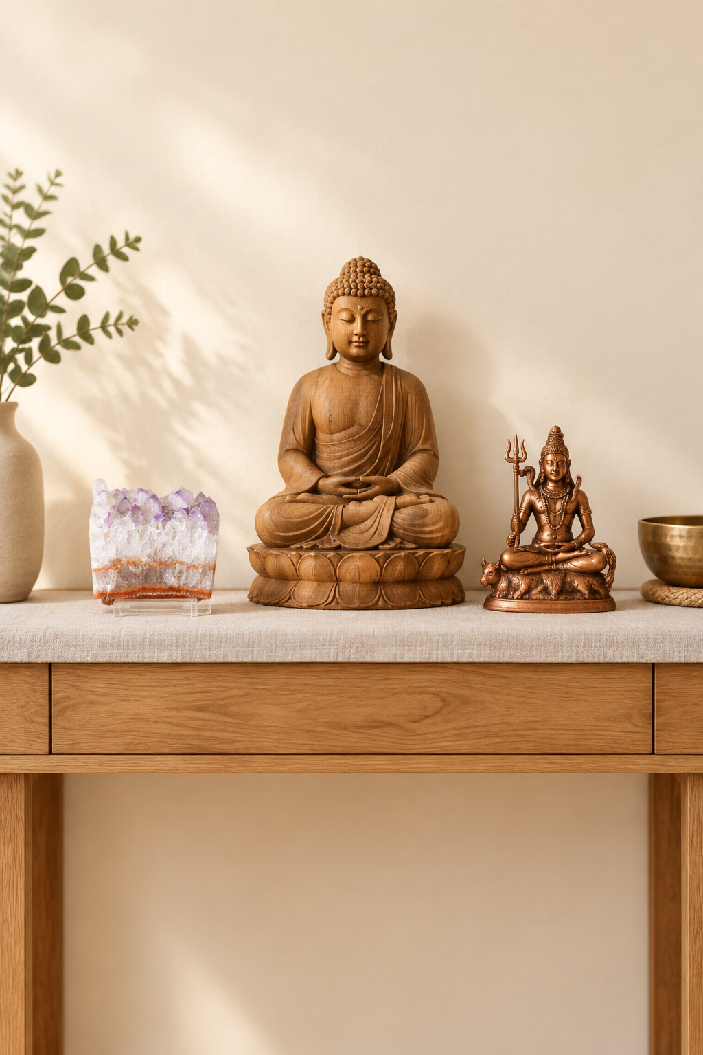 Drusa pequeña en altar zen con Buda de madera y Shiva de cobre