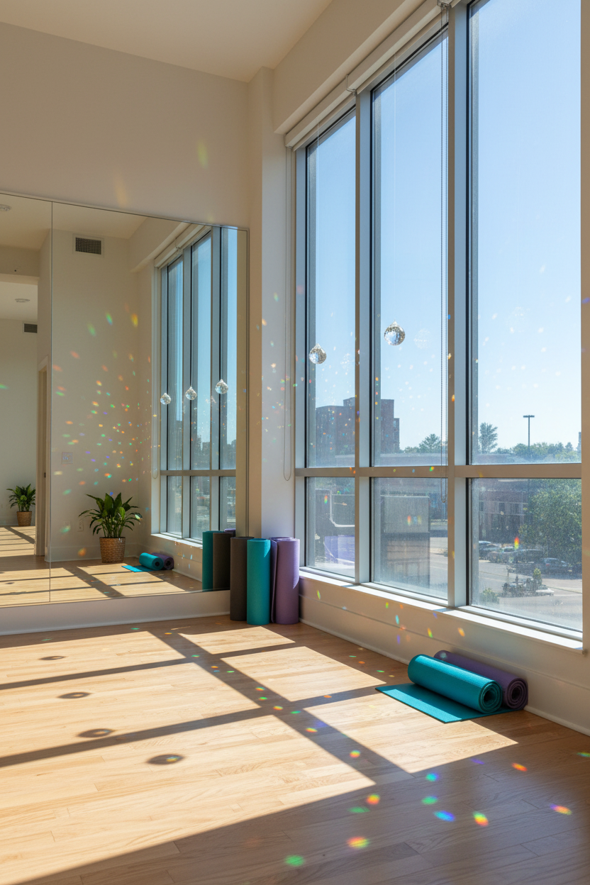 Estudio de yoga profesional con espejo y bolas feng shui arcoíris