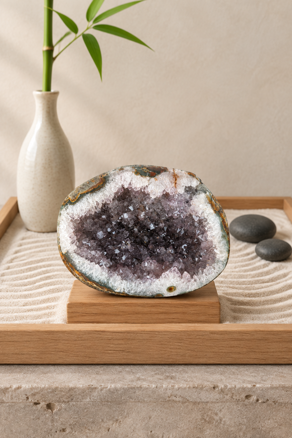 Geoda de amatista con ágata junto a un jardín zen de arena rastrillada y piedras oscuras