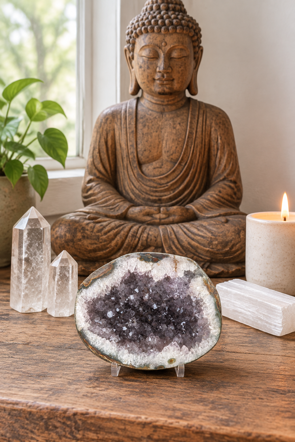 Geoda pequeña de amatista en un altar rústico con buda y vela