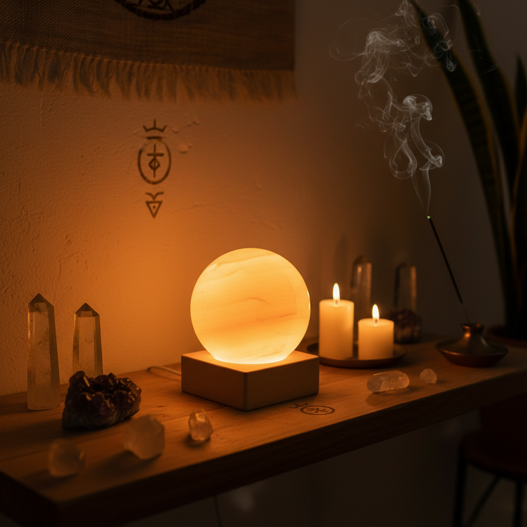 Lámpara selenita naranja sobre base LED de madera en altar de cristales