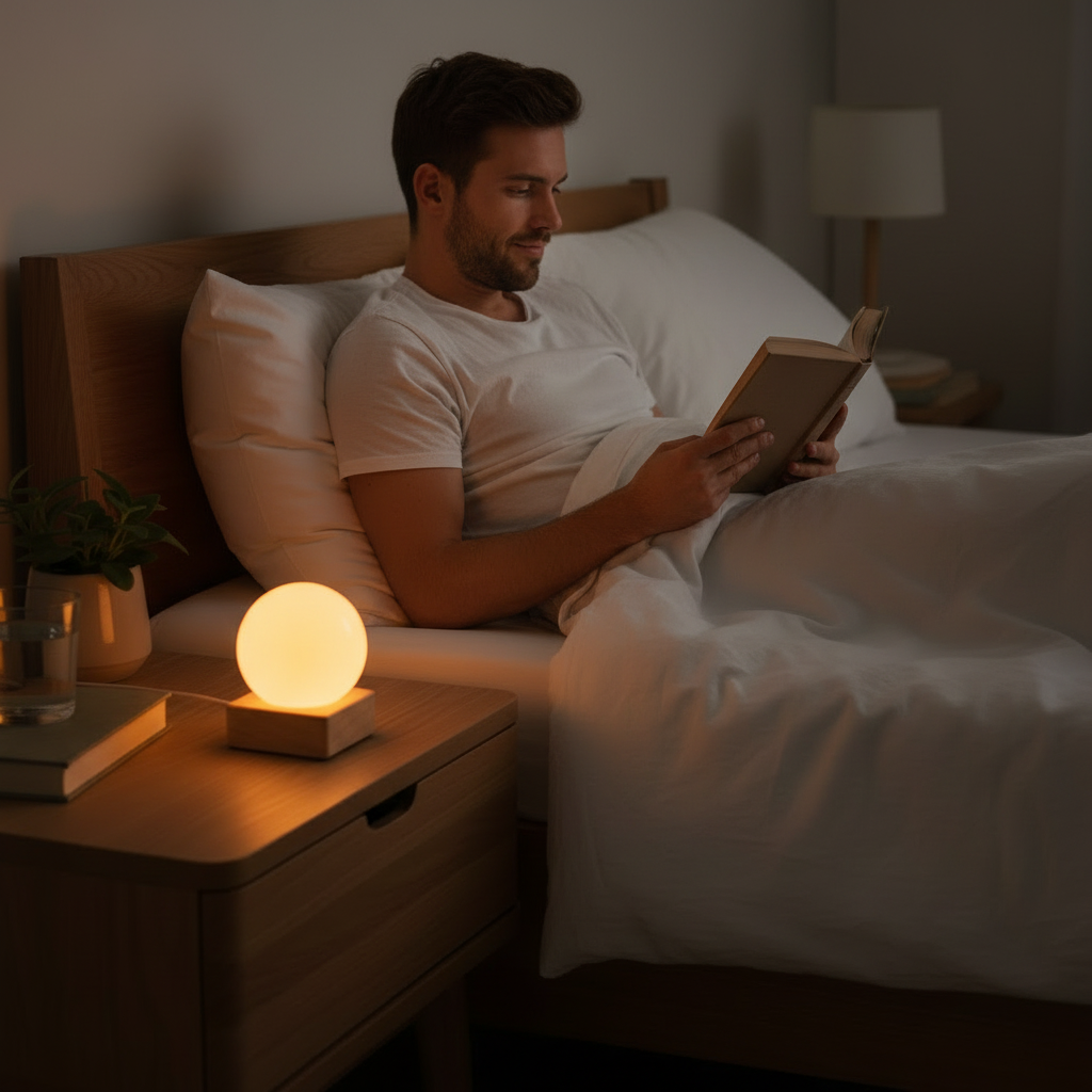 Lámpara selenita naranja hombre leyendo cama