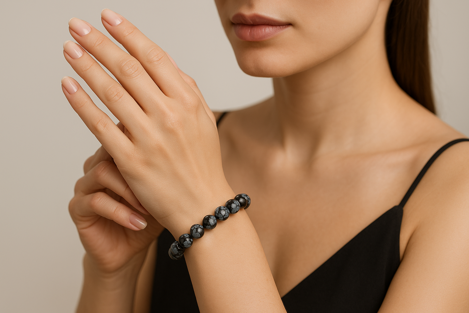 Mujer con pulsera de obsidiana nevada de 8mm