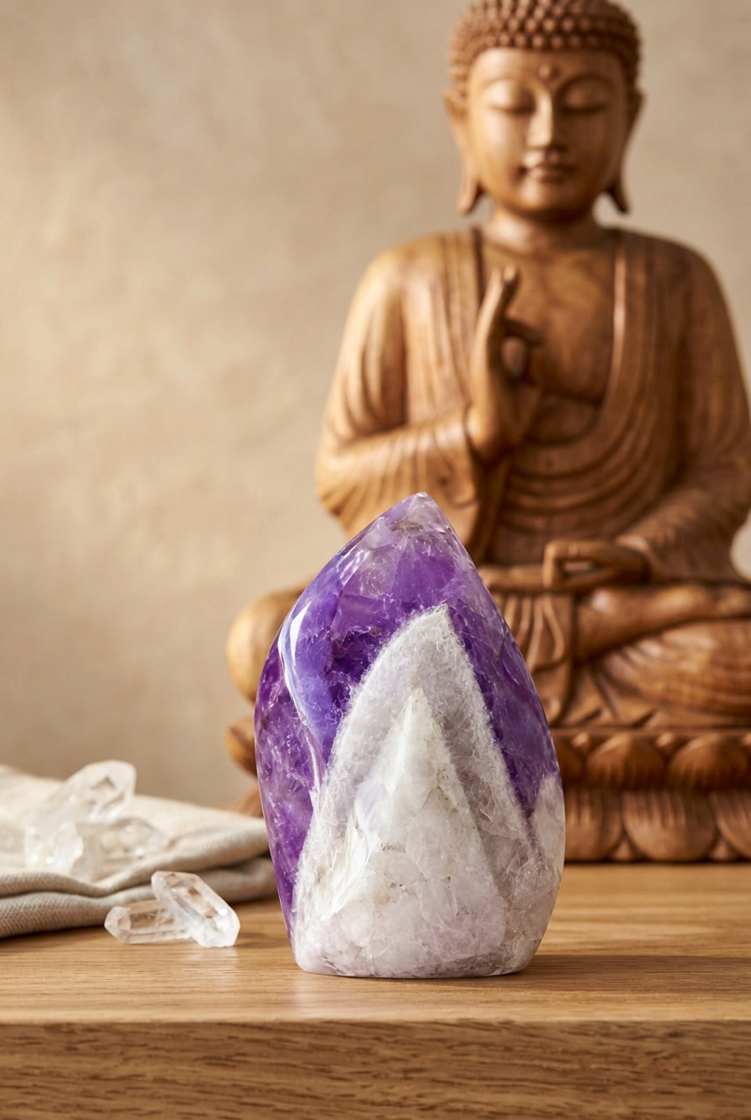 Llama de amatista chevron en un altar zen con un Buda de madera
