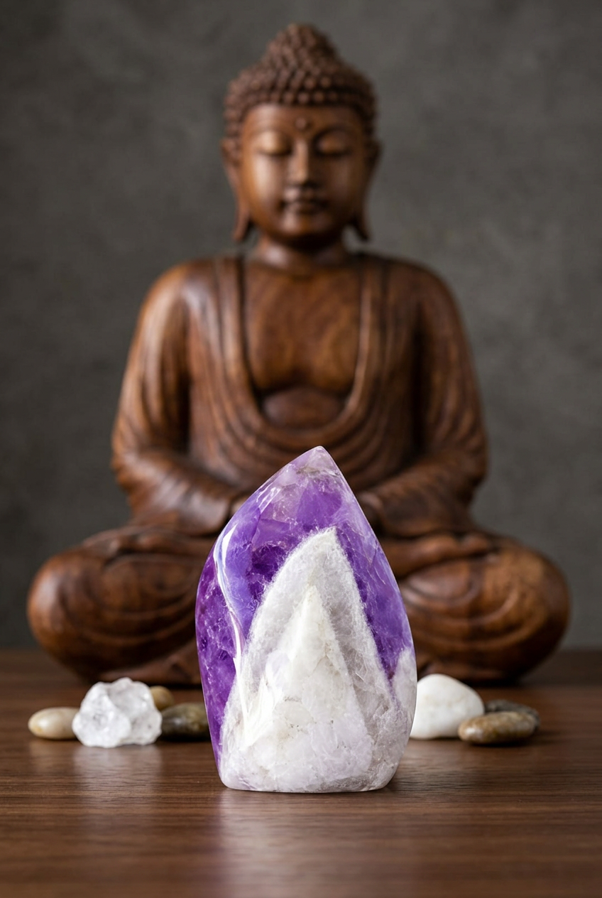 Llama de amatista chevron en un altar zen oscuro con Buda de madera