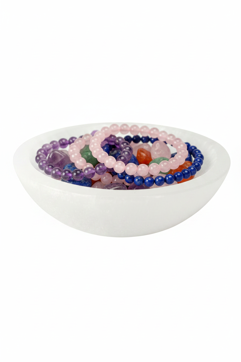 Cuenco selenita grande 15 cm con rodados coloridos y pulseras de minerales fondo blanco