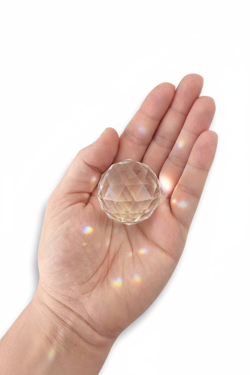 Mano de mujer con bola feng shui de cristal en palma abierta sobre fondo blanco