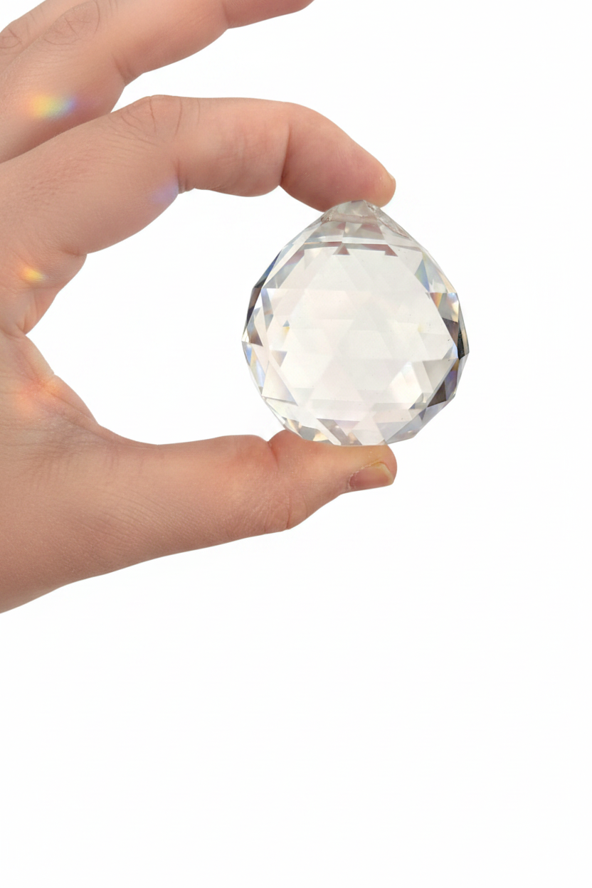 Mano de mujer de perfil con bola feng shui de cristal en punta de dedos sobre fondo blanco