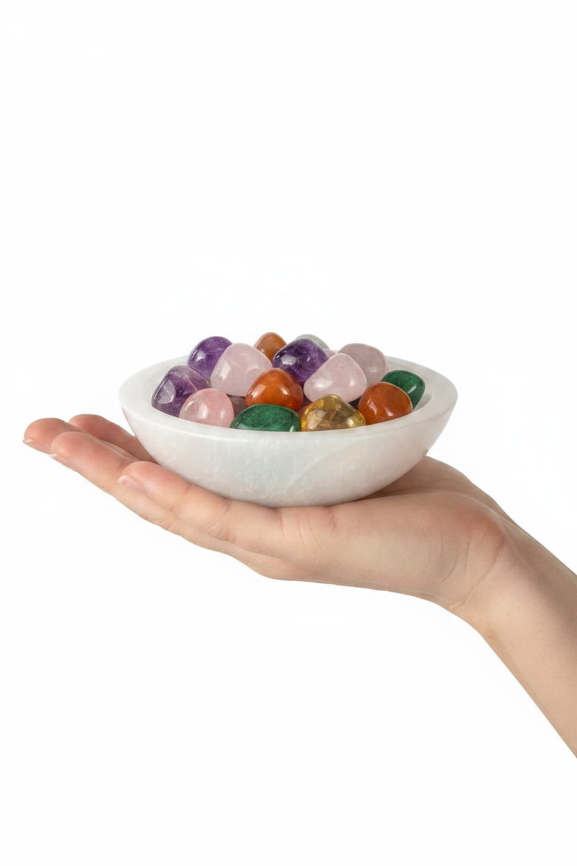 Mano de mujer sosteniendo cuenco de selenita pequeño 10cm con rodados coloridos fondo blanco