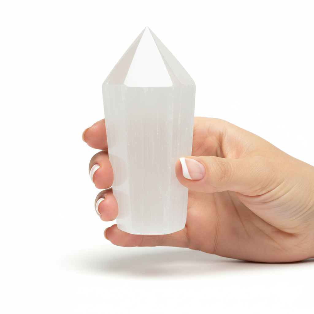 Mano de mujer sosteniendo torre de selenita blanca 10 cm sobre fondo blanco