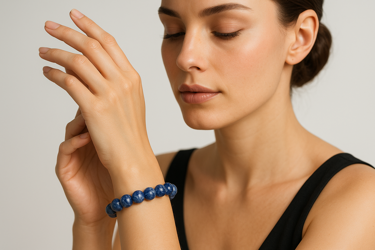 Mujer lleva pulsera de sodalita 8mm en cuentas redondas de piedra natural