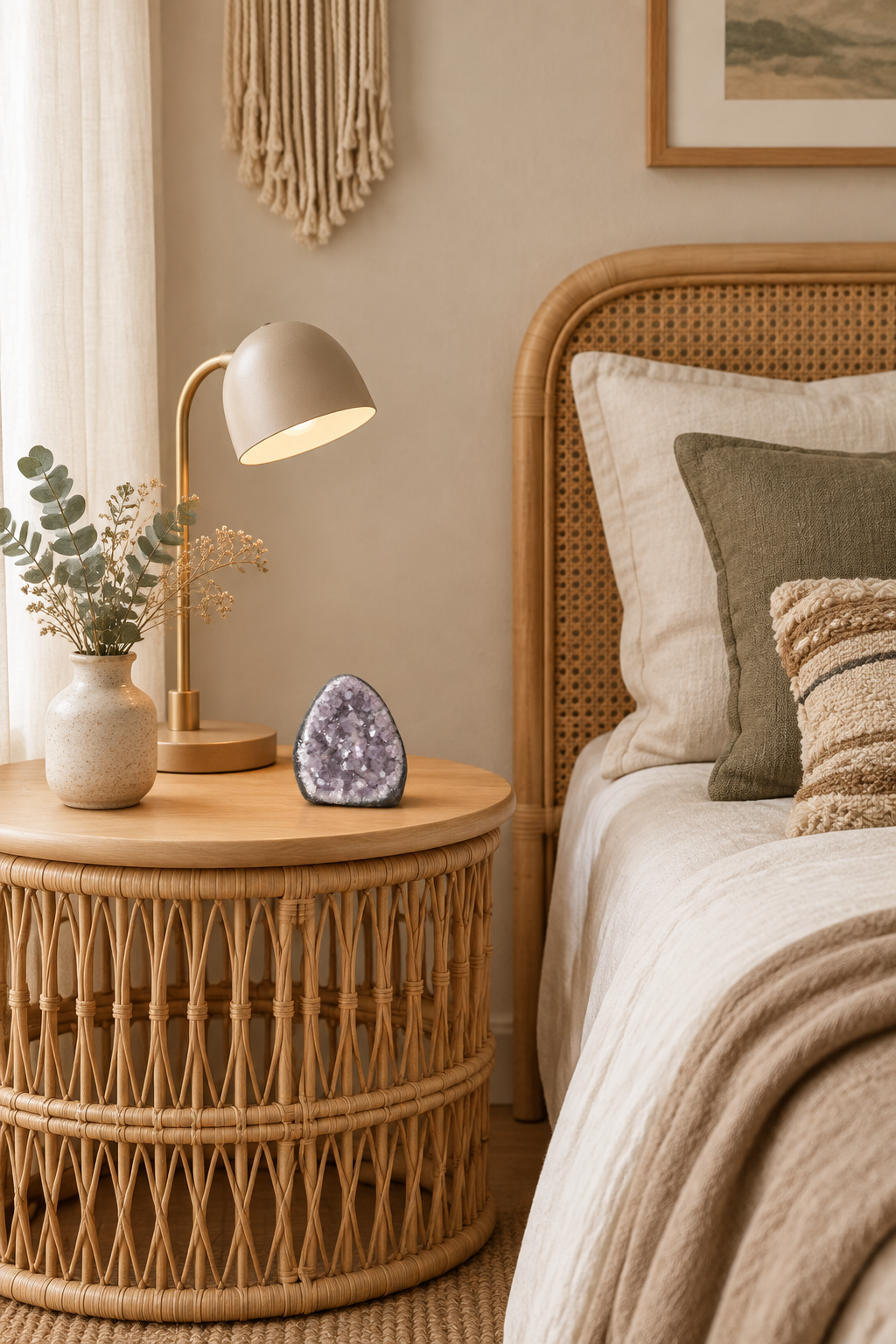 Mini drusa de amatista como decoración sobre mesita de noche de ratán