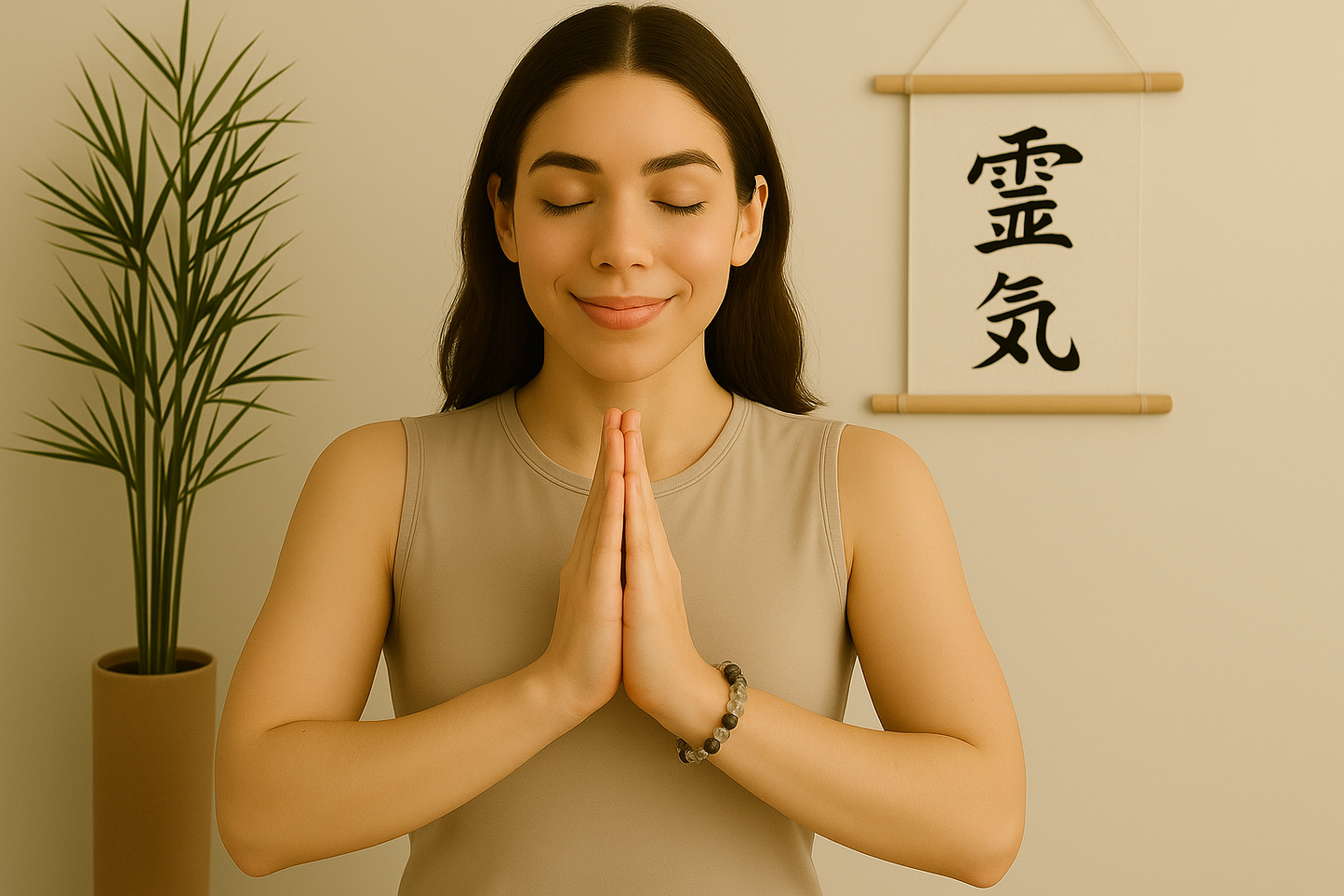 Mujer medita con una pulsera de cuarzo y turmalina negra en meditación Gassho del Reiki Usui