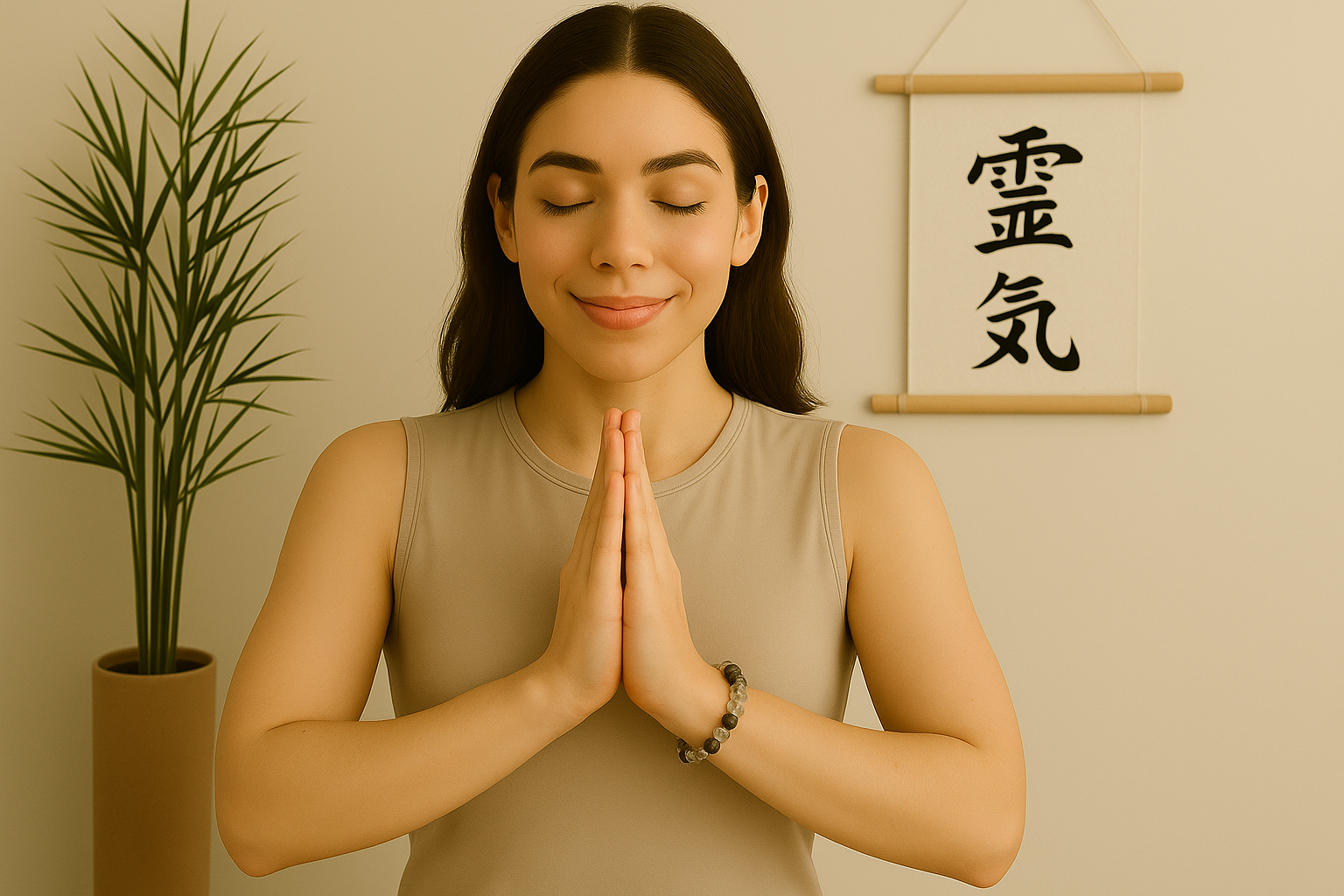 Mujer medita con una pulsera de cuarzo y turmalina negra en meditación Gassho del Reiki Usui