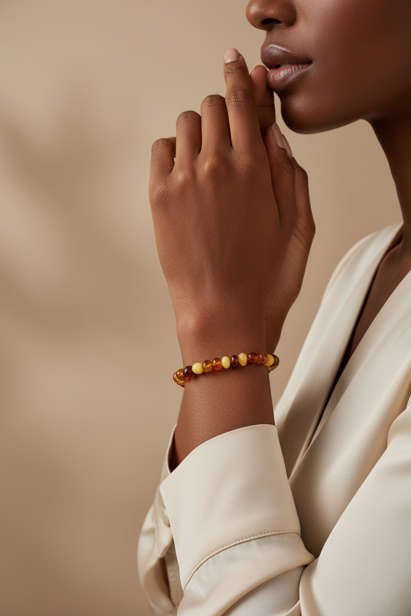Mujer africana con pulsera de ámbar multicolor