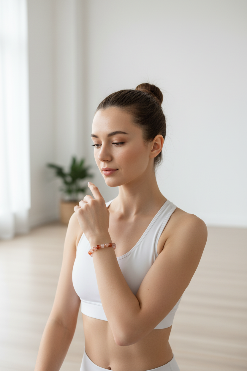 Mujer en yoga estudio llevando pulsera de cuarzo hematoide de 8mm