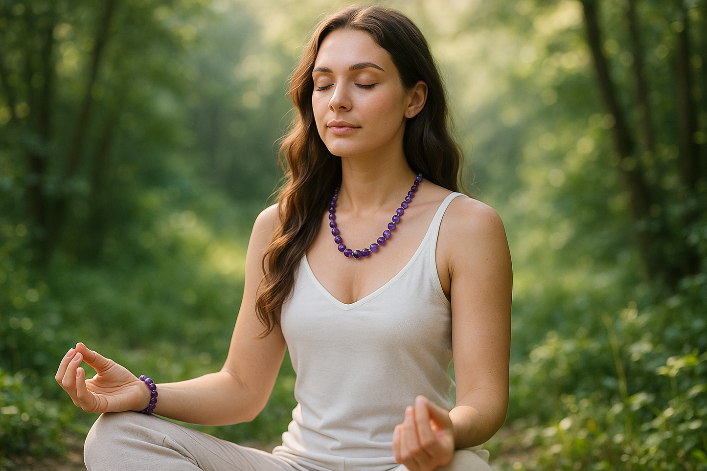 Mujer modelo en meditacion en la naturaleza con pulsera de cuentas y collar de cuentas de 8mm de amatista